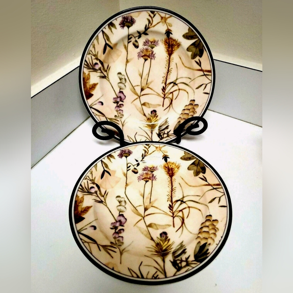Verdiana by 222 Fifth 8" Salad Plates Yellow & Purple Flowers & Fruit Green Trim